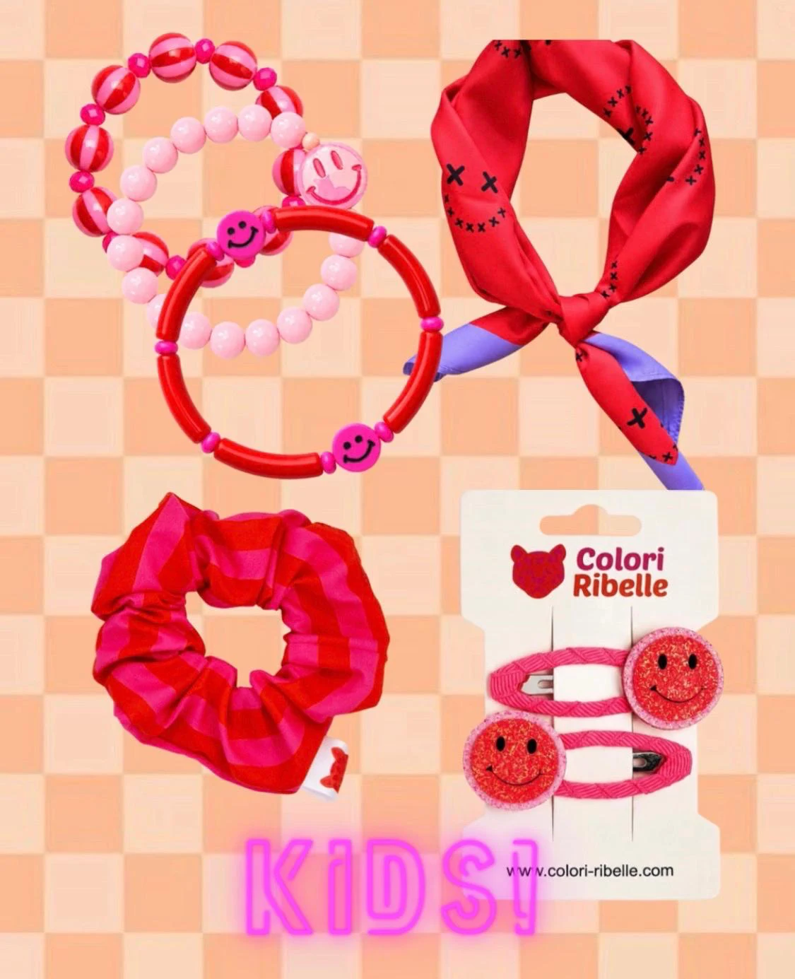 KIDS! collage met rode en roze accessoires van Colori Ribelle