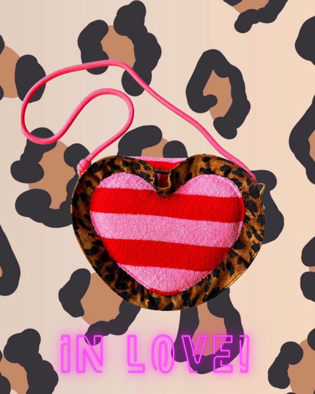 Hart-tasje met roze-rode strepen en leopard ruffle van Colori Ribelle